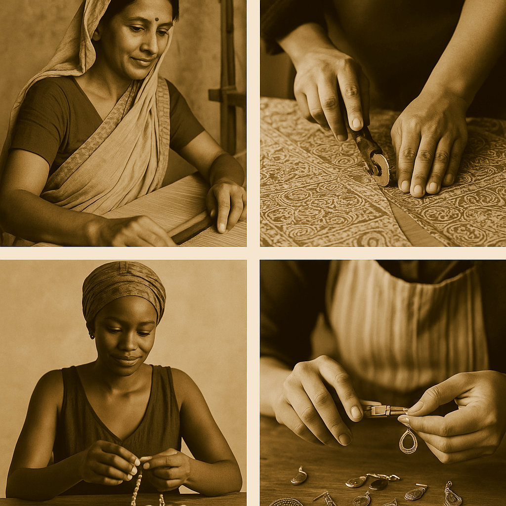 Collage of artisans weaving, crafting jewelry, and cutting fabric – Bhavika International handmade production