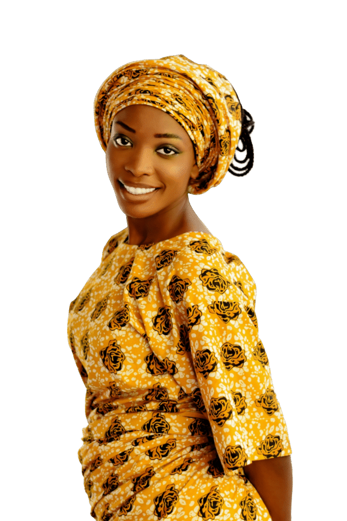 African woman smiling in yellow tiger-print wrap dress and headwrap – Bhavika International brand hero image