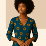 African woman wearing a handcrafted blue Kente-style dress with yellow patterns – Bhavika International