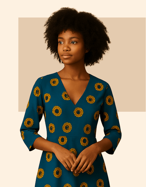 African woman wearing a handcrafted blue Kente-style dress with yellow patterns – Bhavika International