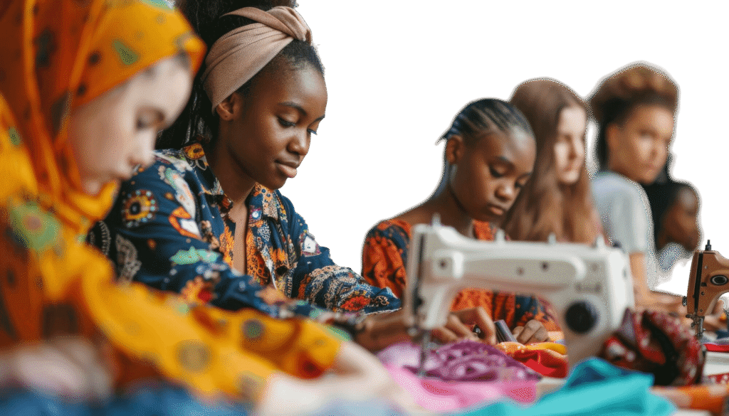 Group of diverse young women sewing and crafting textiles – Bhavika International artisan community