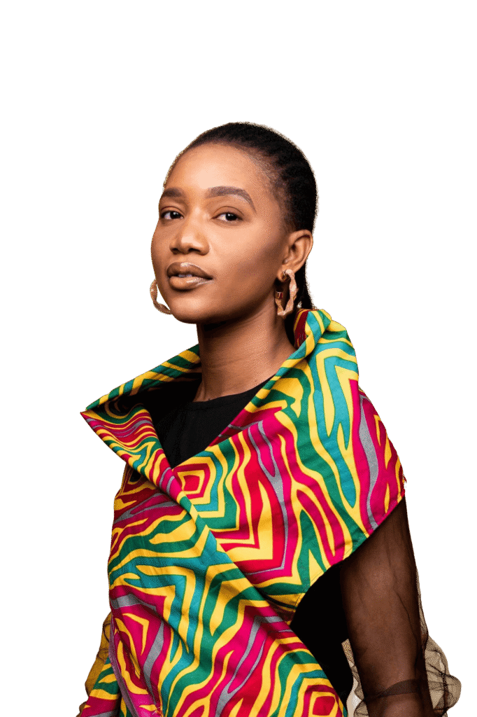 Stylish African woman in colorful geometric wrap top – Bhavika International contemporary ethnic fashion